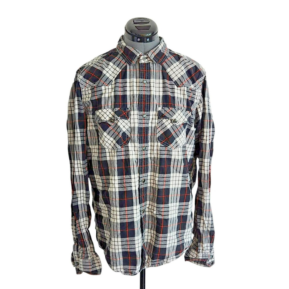 Aeropostale Mens Plaid Western Pearl Snap Long Sleeve Shirt Navy Blue Red Size M